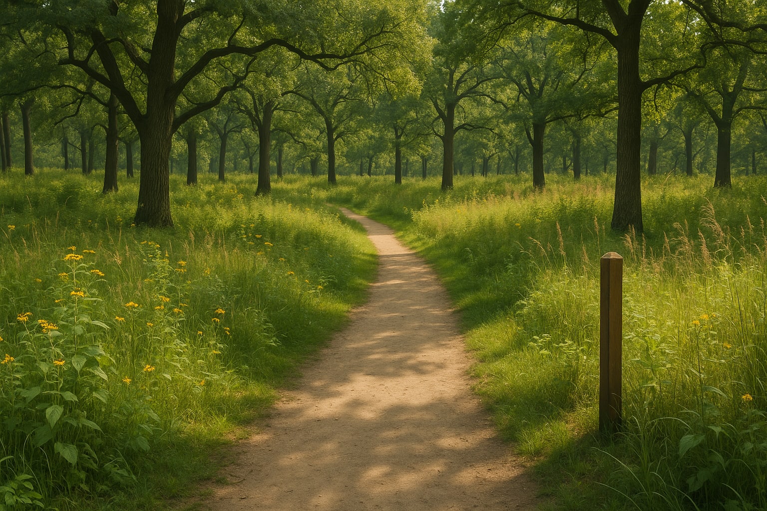 Woodland nature preserve trail in Downers Grove